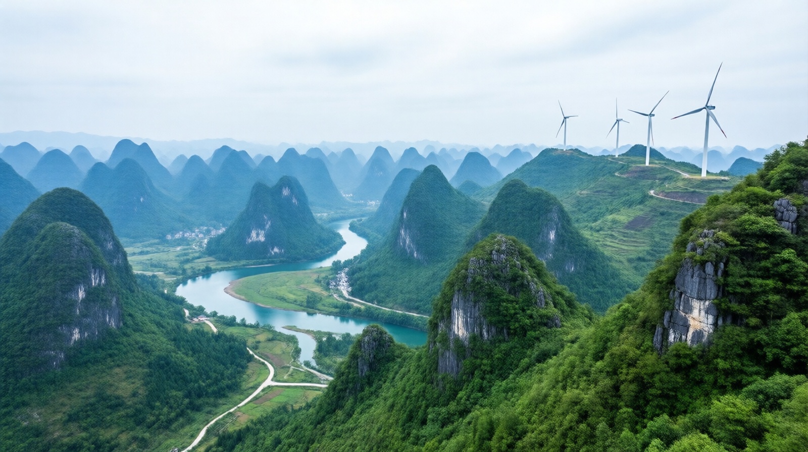 Mountain valley in Guizhou with wind turbines, highlighting the cool climate that helps cool data centers