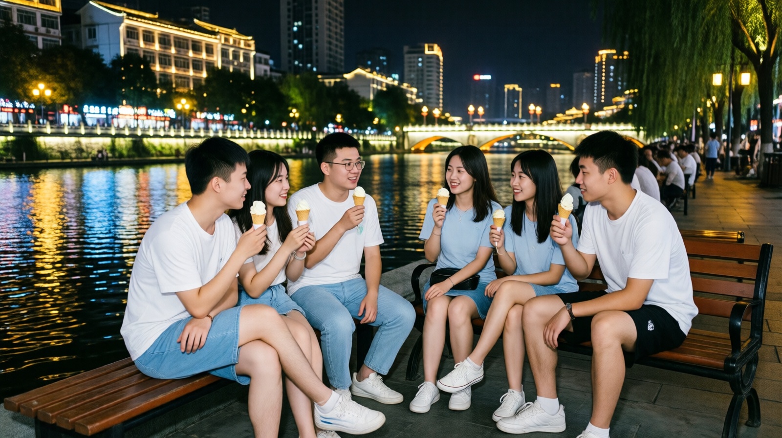 Young people enjoying ice cream and cool air along the Nanming River in Guiyang at night