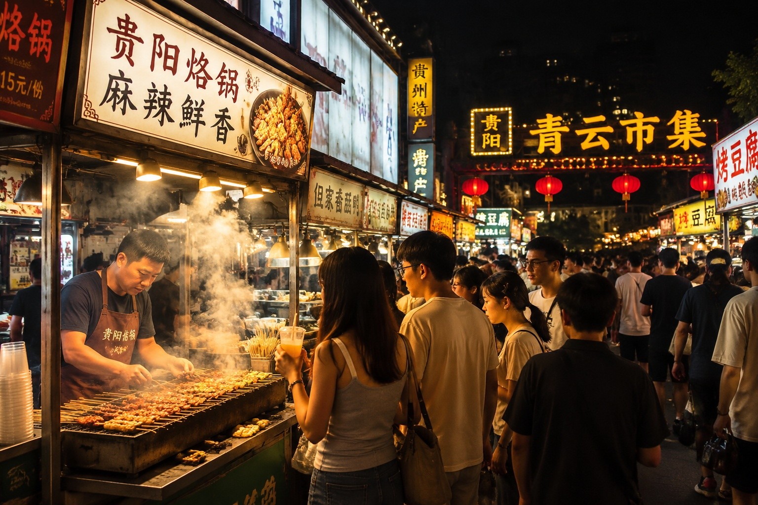 Guiyang night market food stall with grilled skewers and customers on a cool summer evening