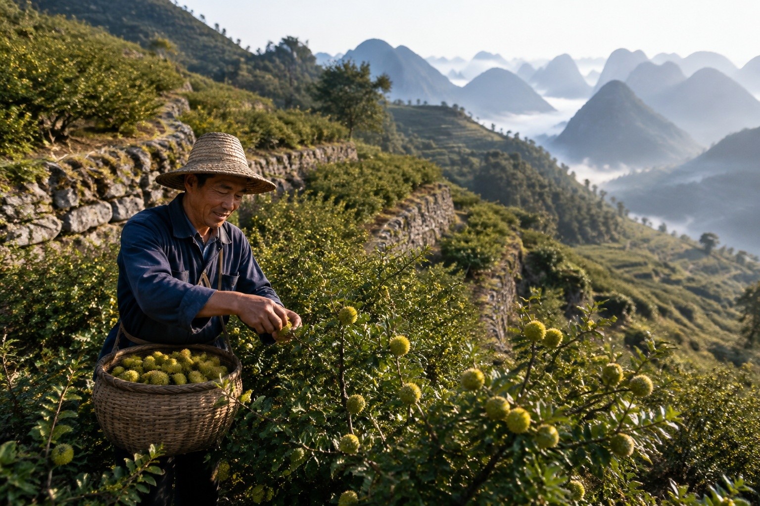 A farmer in Guizhou picking thorny pear fruit on a terraced hillside