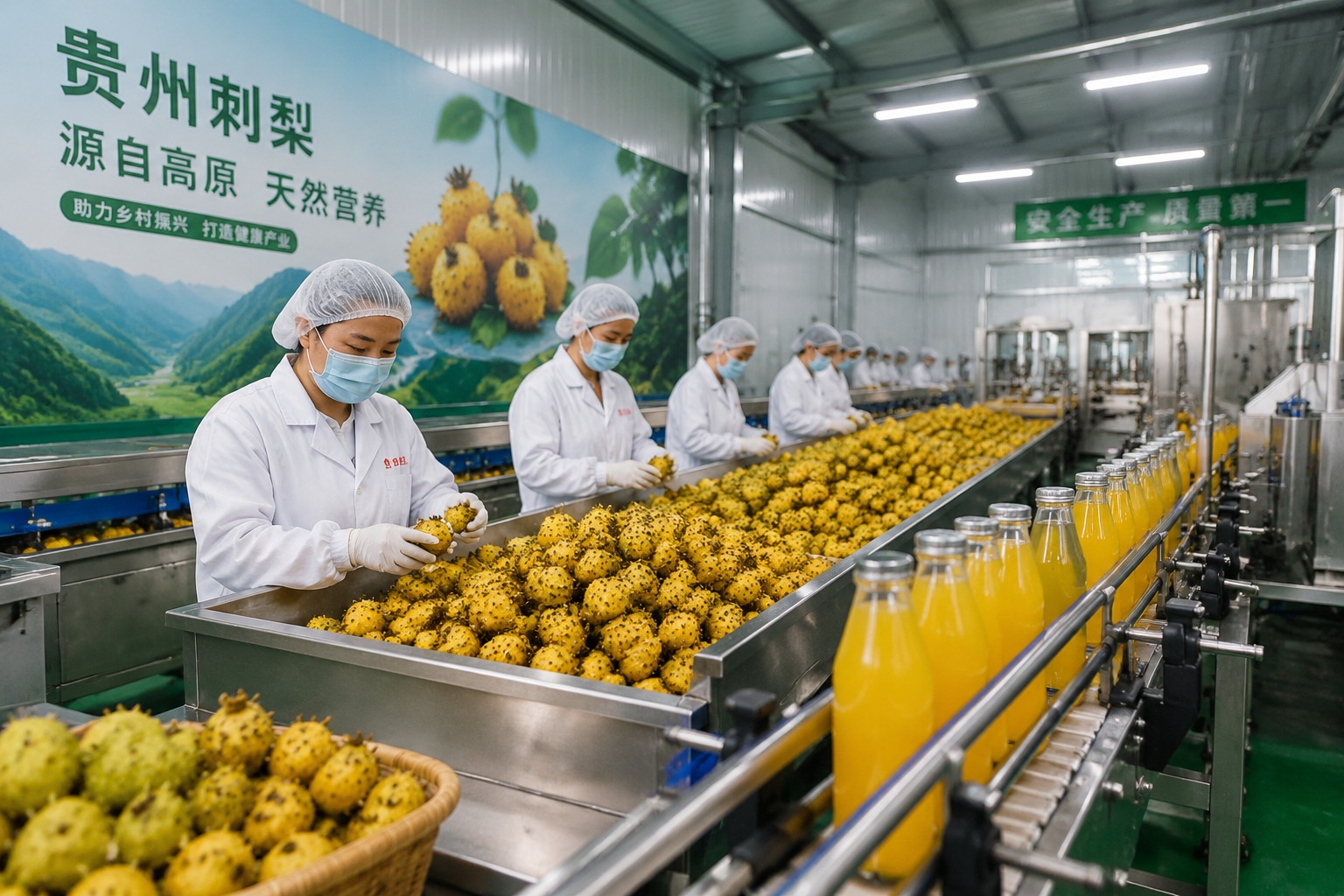 Food factory workers sorting fresh thorny pears for juice processing in a Guizhou plant