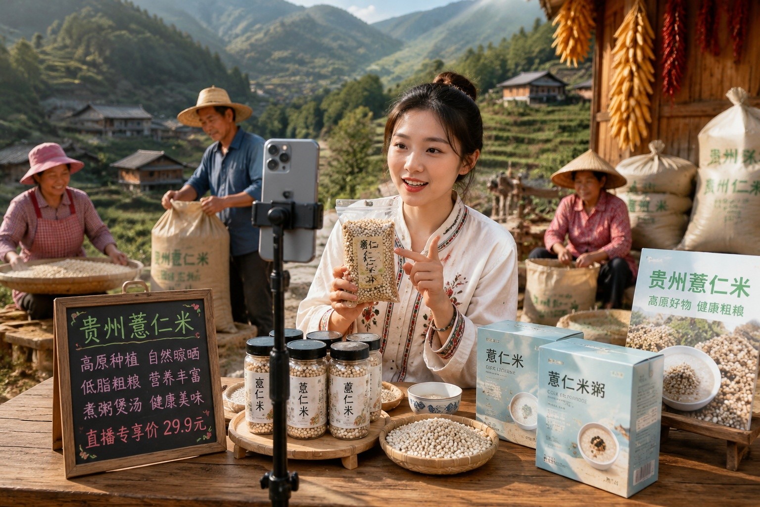 A young streamer livestreaming coix seed products in rural Guizhou