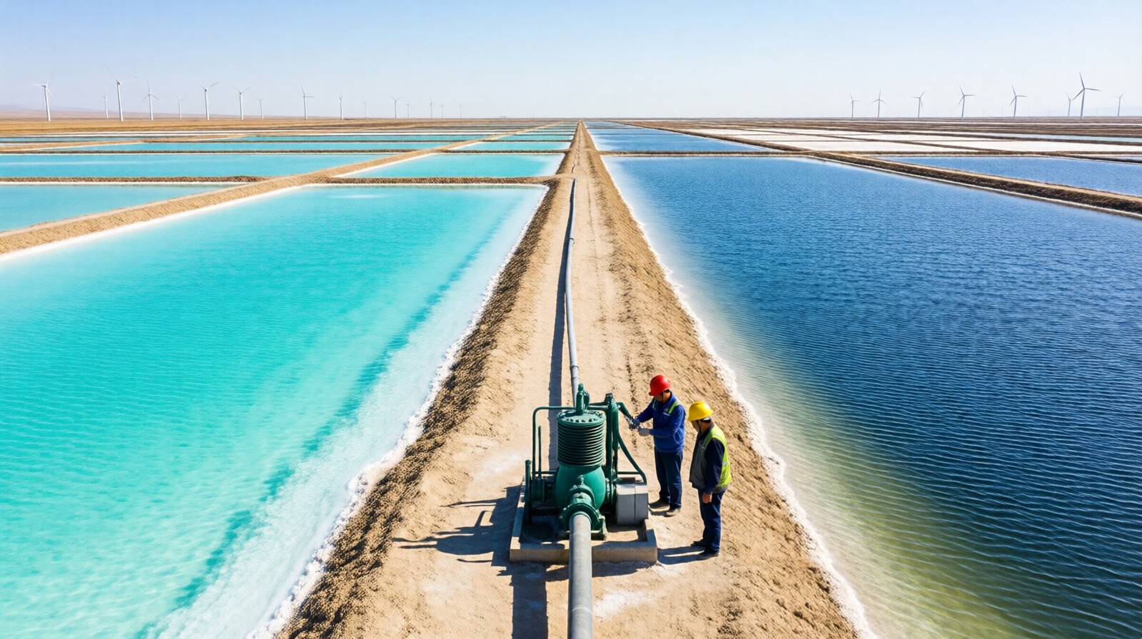 Engineers inspecting a pumping station at Qinghai's Chaerhan Salt Lake lithium brine ponds, with colorful evaporation pools extending to the horizon.