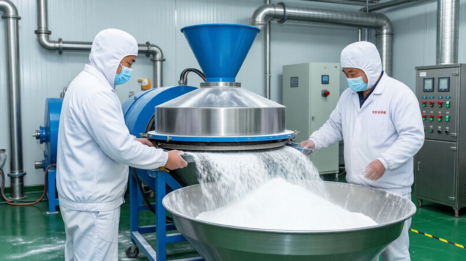 Workers in a Qinghai lithium carbonate production line monitoring a centrifuge that separates white lithium carbonate powder.