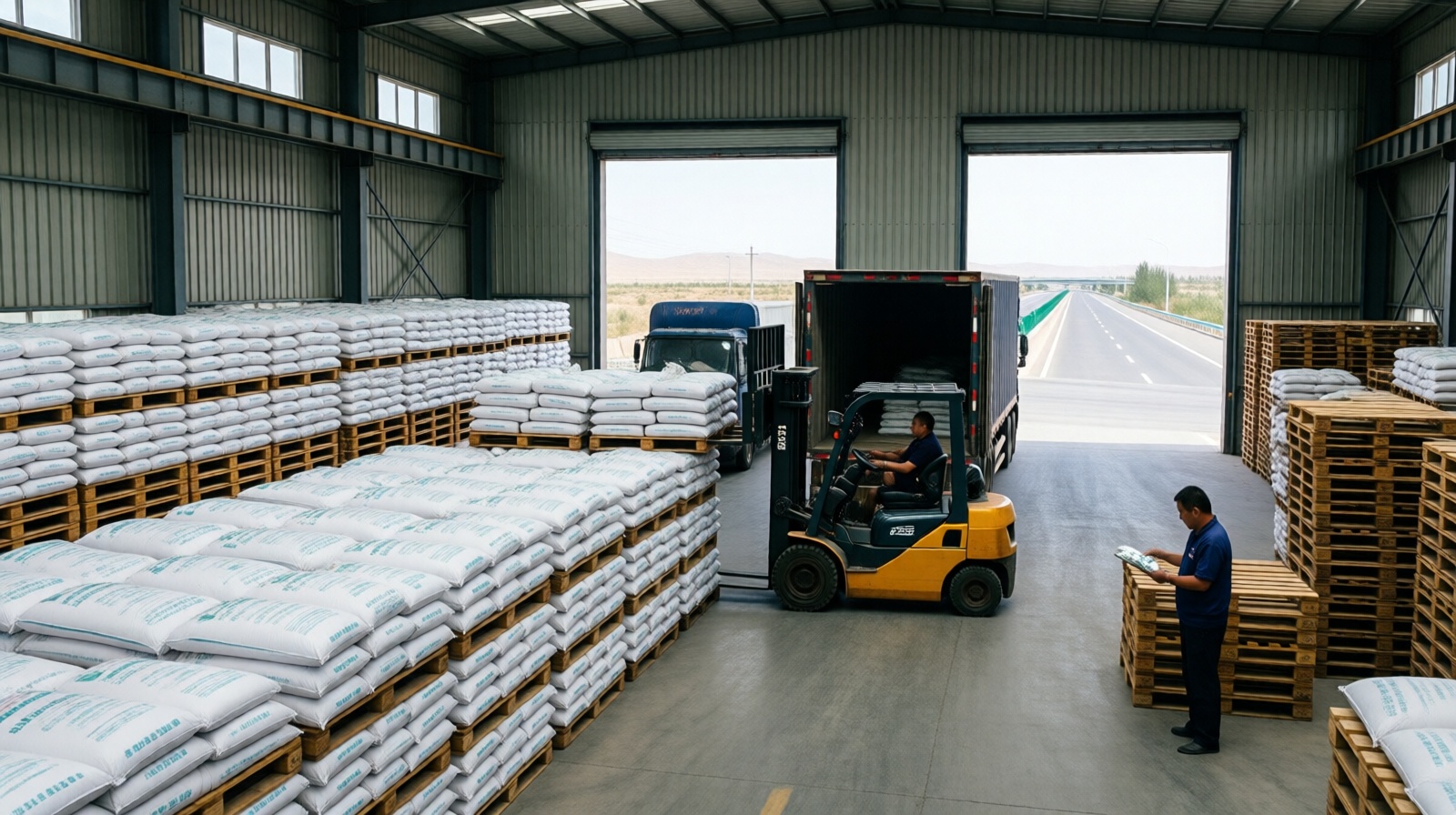 Stacked lithium carbonate bulk bags in a depot in Golmud, Qinghai, before being shipped to Chinese battery factories.