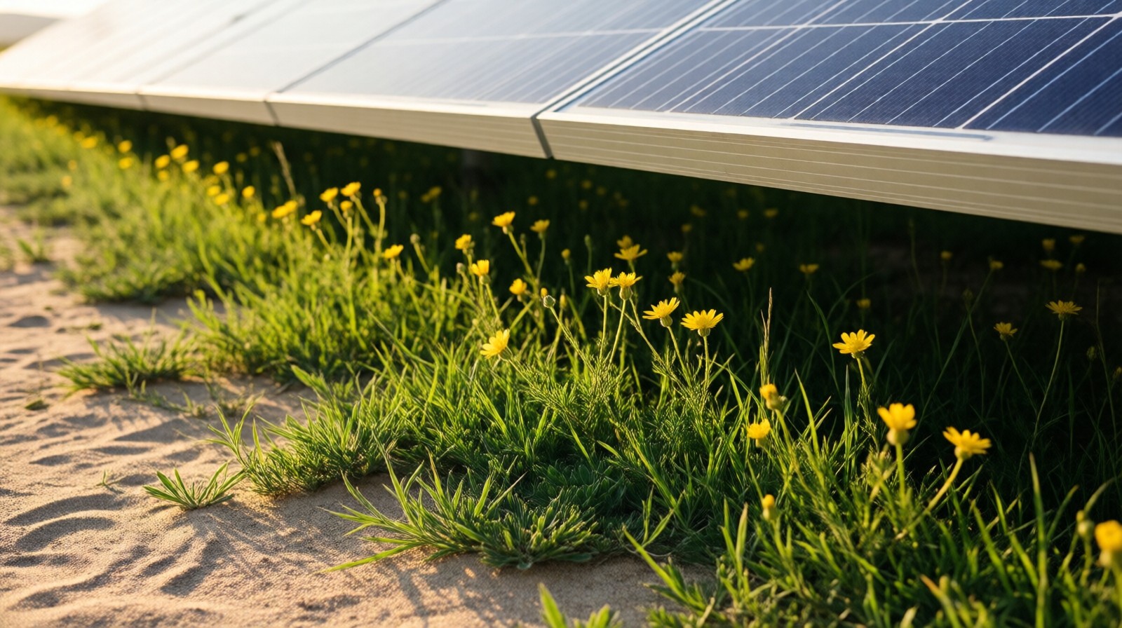 Grass and wildflowers growing under solar panels in Talatan desert