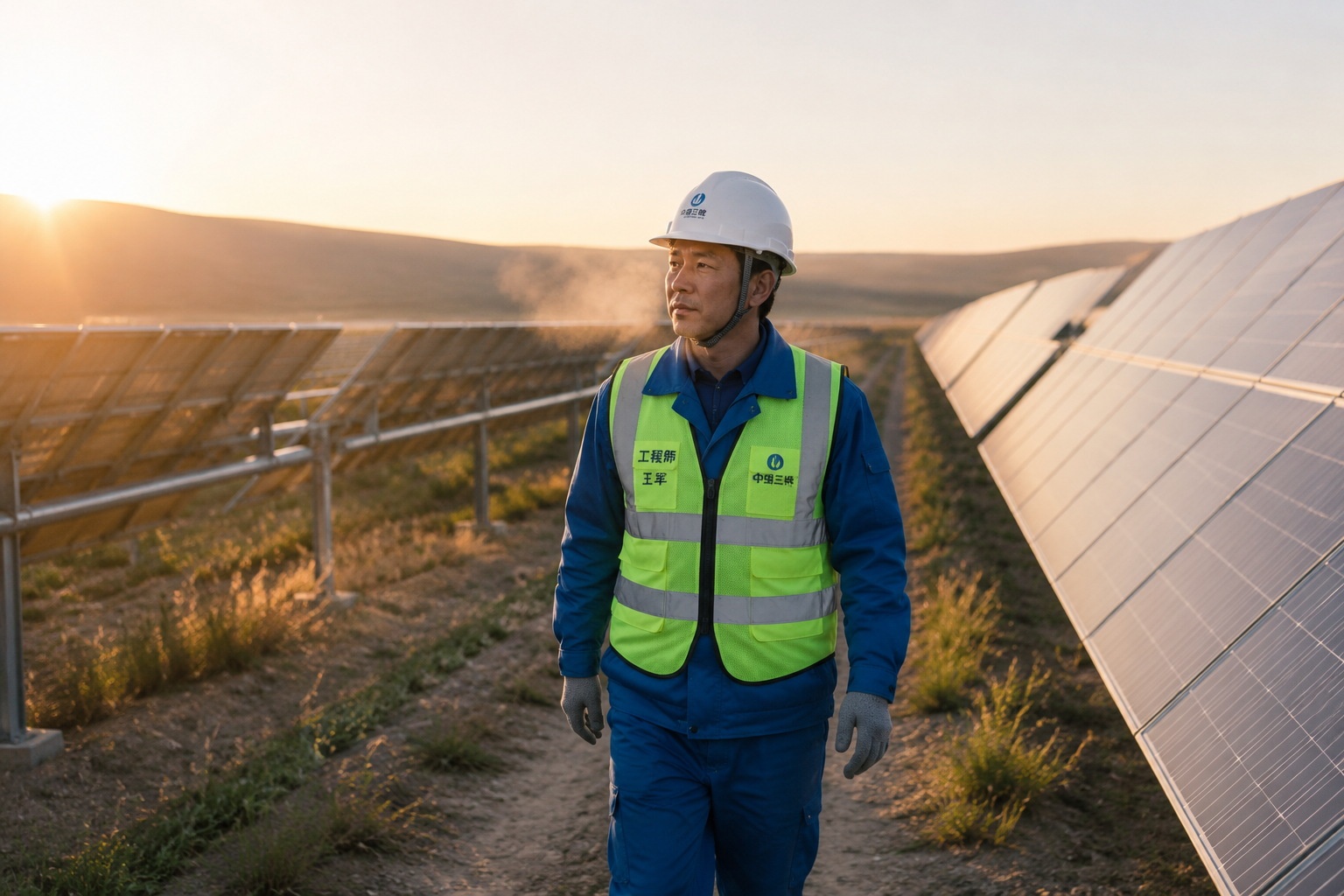 Engineer checking solar panels in Talatan photovoltaic base, Qinghai