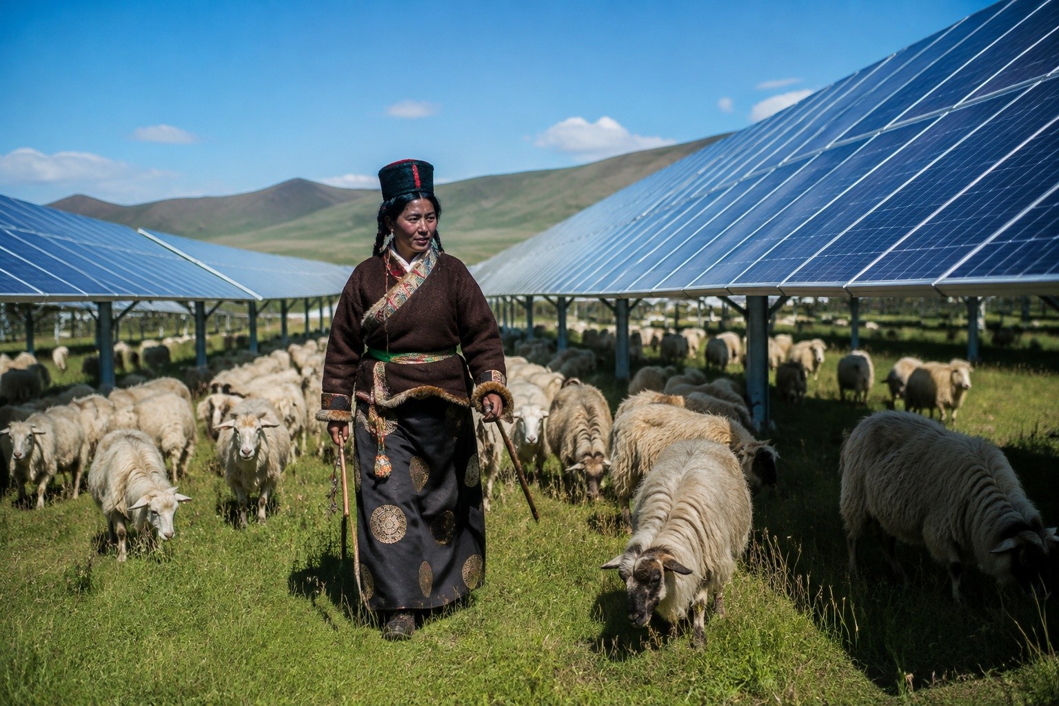 Tibetan herder leading sheep under solar panels in Talatan