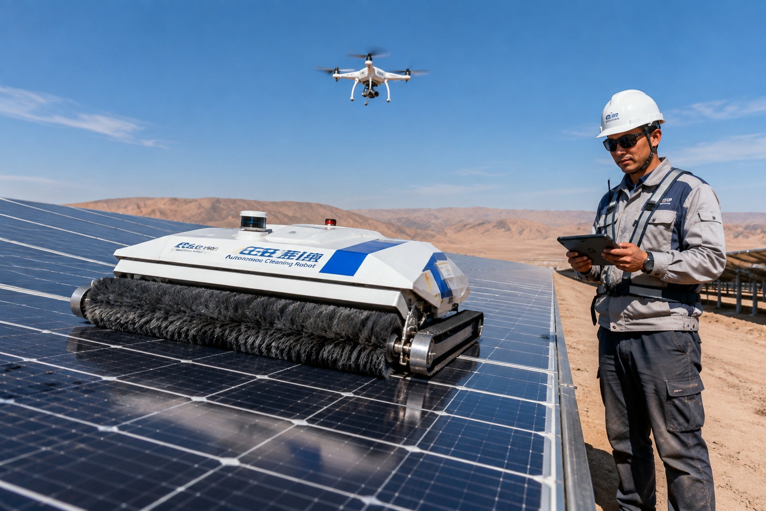 Robot cleaning solar panels with drone inspecting in Talatan