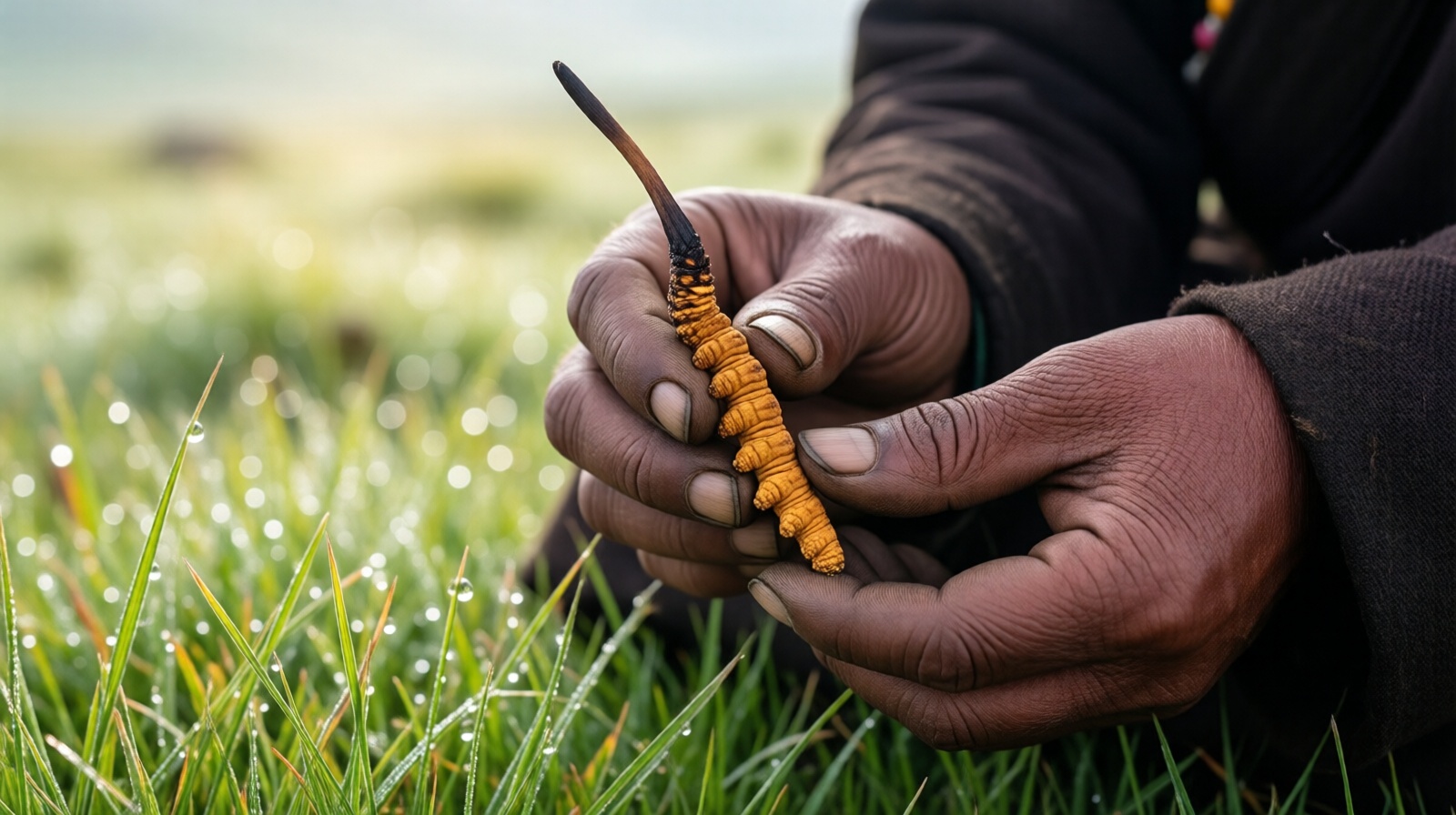 Close-up of a herder's hand holding a fresh cordyceps root in the highlands of Qinghai, China