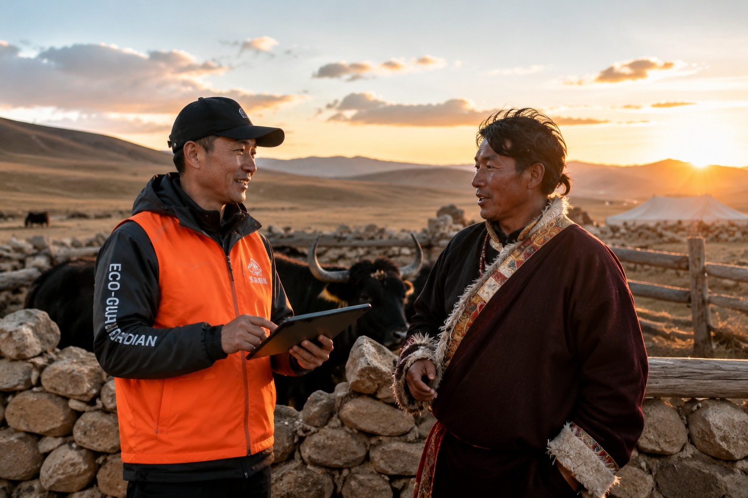 Eco-guardian discussing livestock losses with a Tibetan herder near a yak pen in Sanjiangyuan