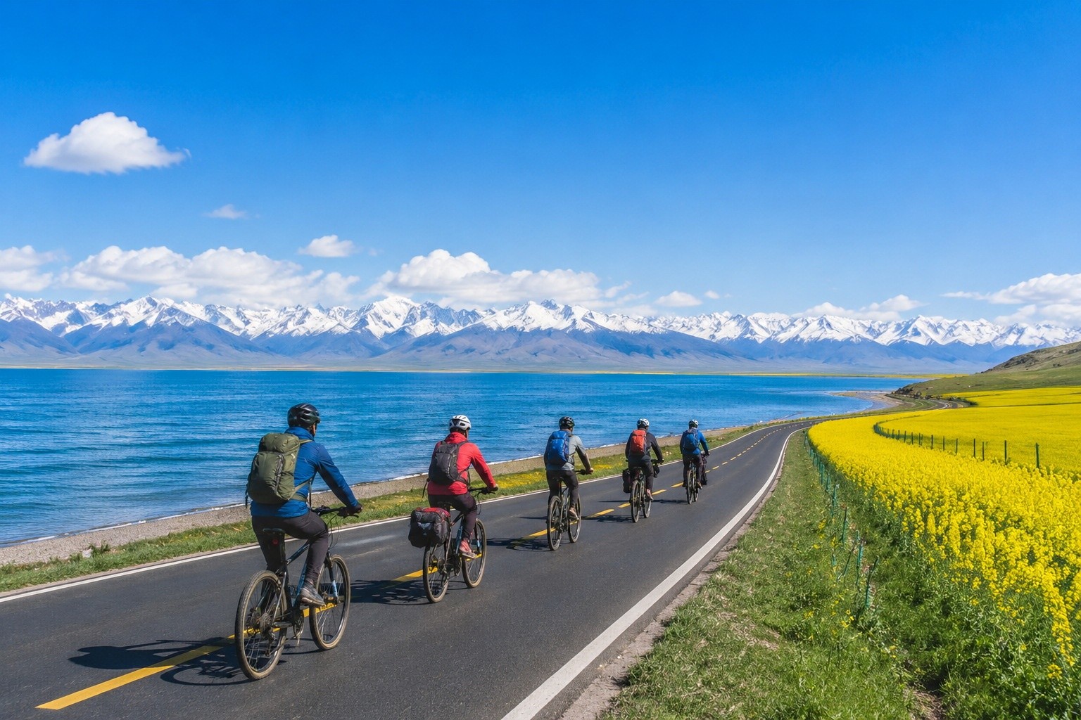 Cyclists on the road beside Qinghai Lake with snow-capped mountains in the background