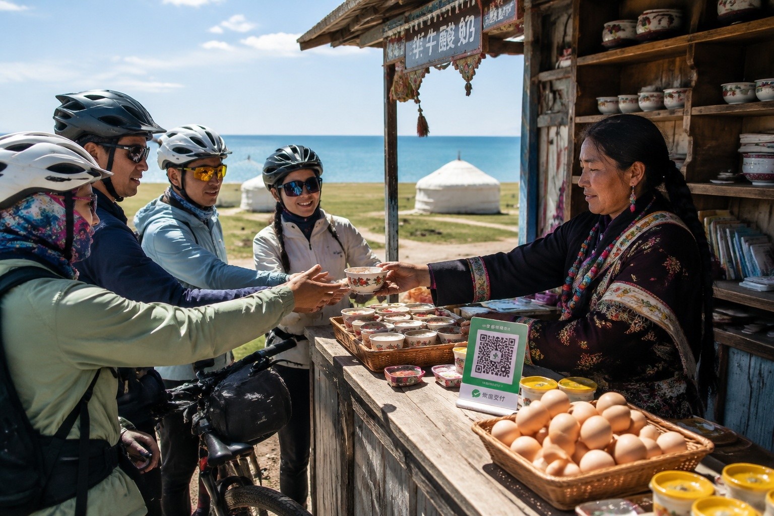 Village vendor selling yogurt and eggs to cyclists at a roadside stall with a QR code sign