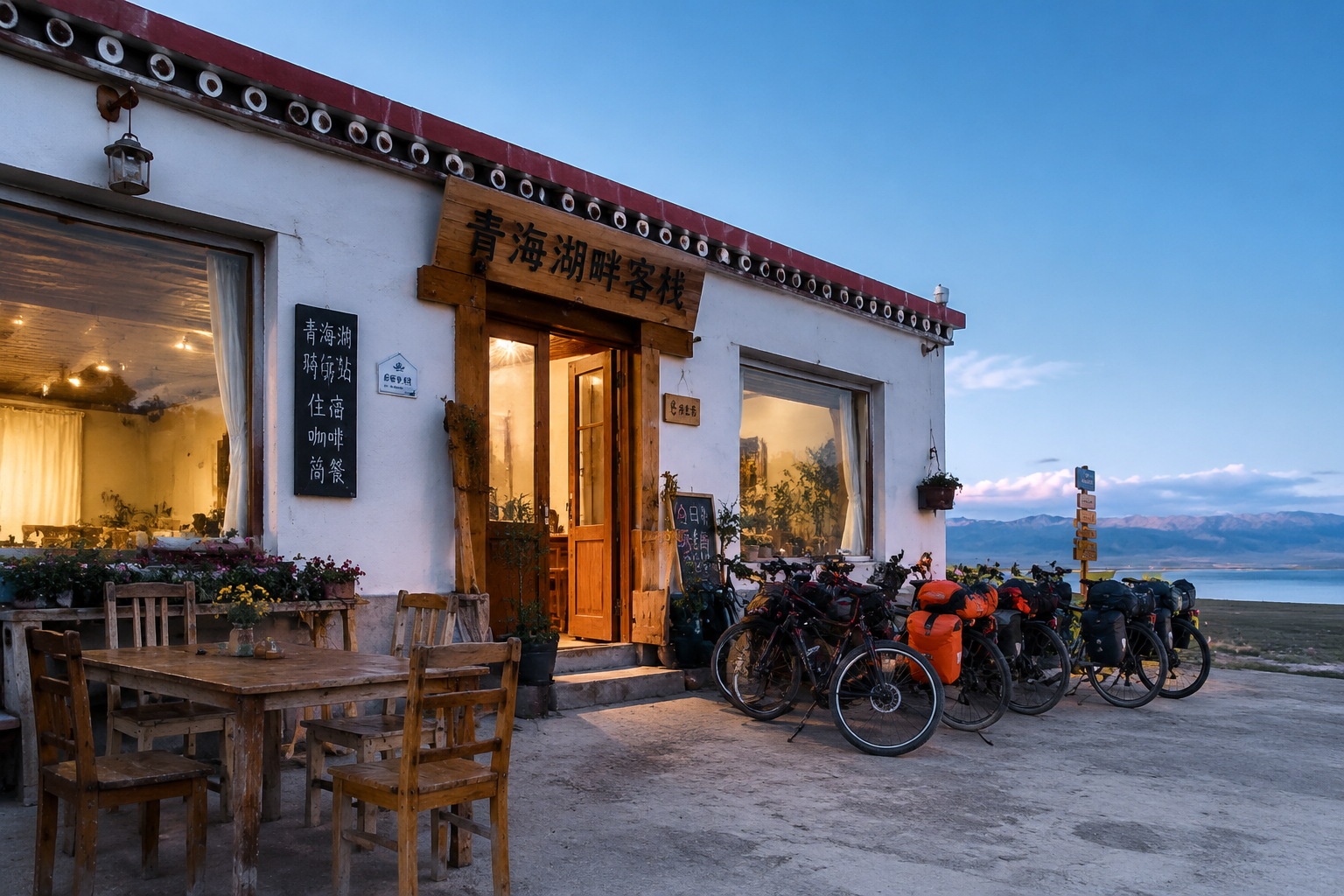 Bikes parked outside a guesthouse near Qinghai Lake, with a bicycle repair tool on the ground