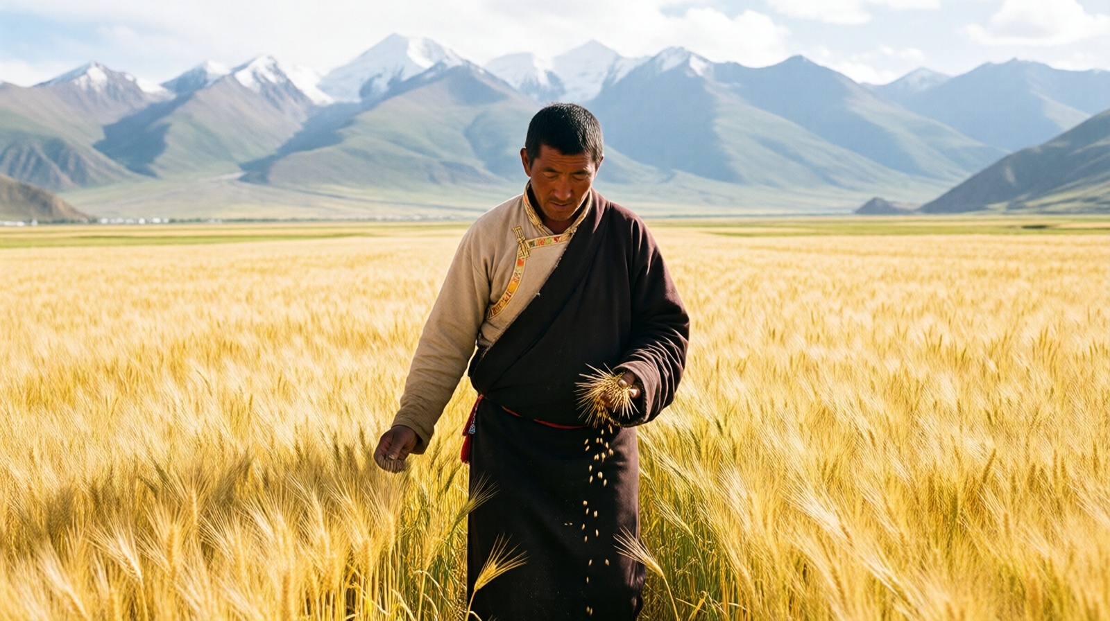Tibetan farmer holding highland barley grains in a field on the Qinghai-Tibet Plateau