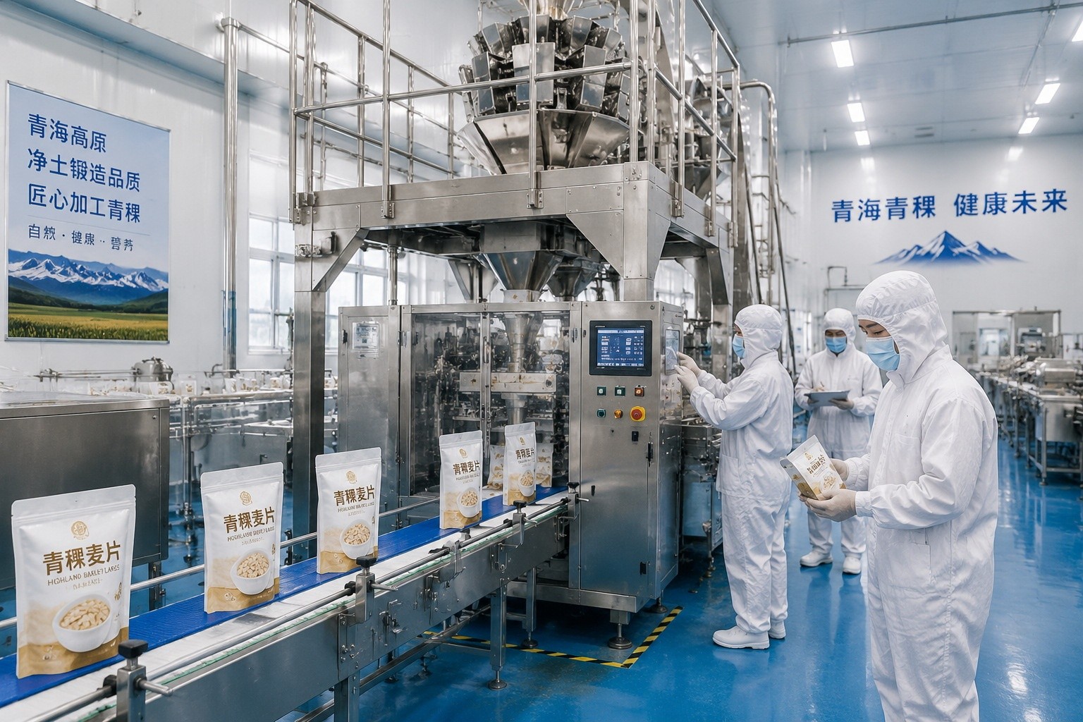 Workers inspect highland barley flakes at a modern processing facility in Qinghai