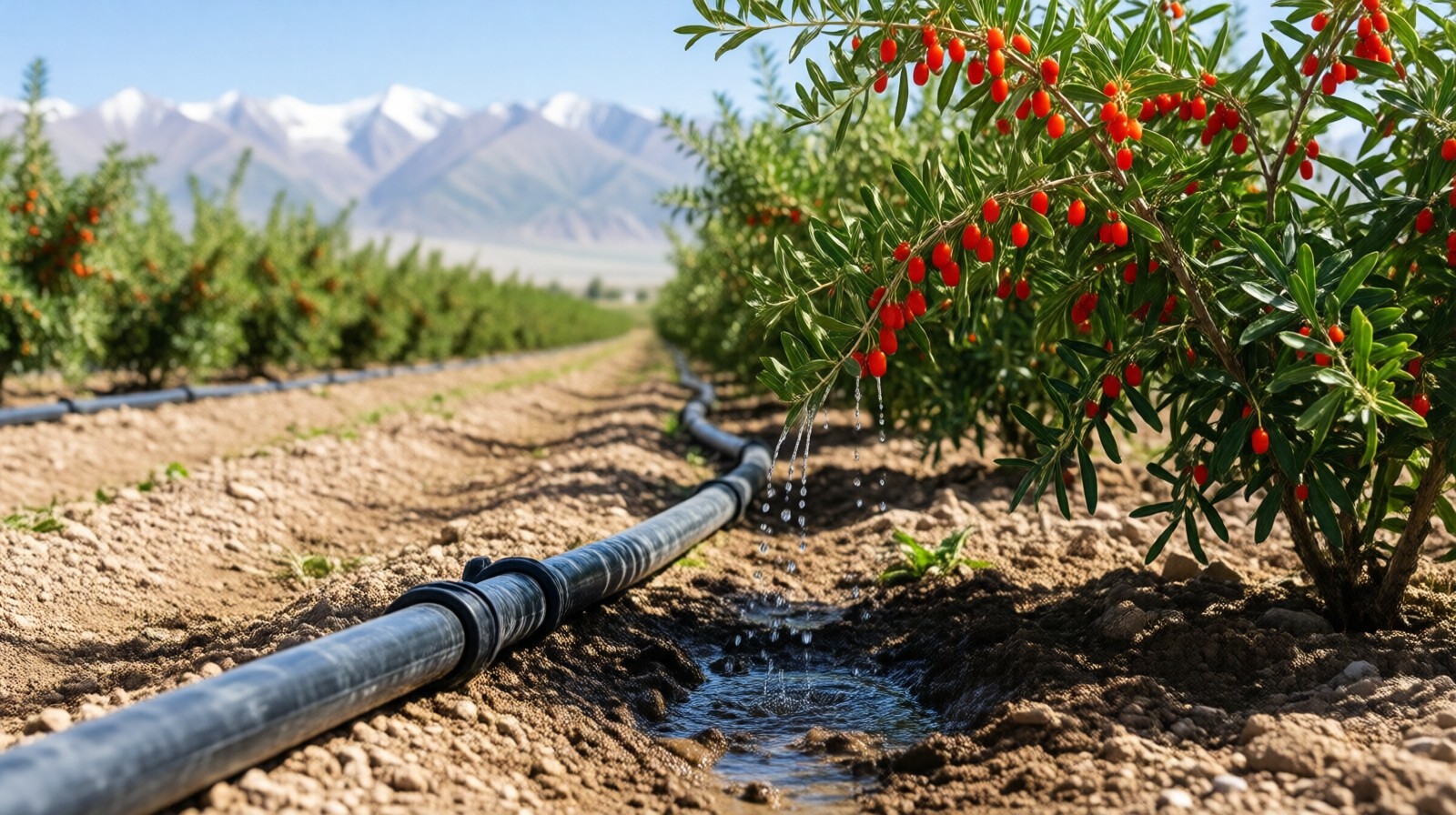 Close-up of drip irrigation in a goji berry farm in the Qaidam Basin, water droplets on black tubing