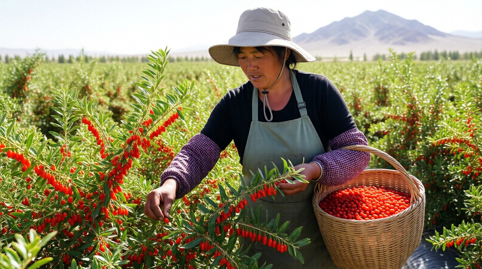 Female farmer picking goji berries in a Qaidam Basin field, carrying a basket