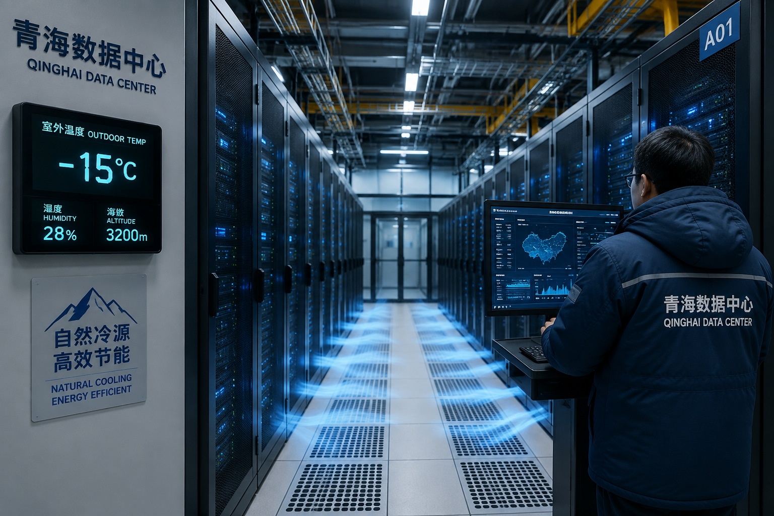 Rows of server racks inside a Qinghai data center with free cooling air ducts and a technician in warm clothing