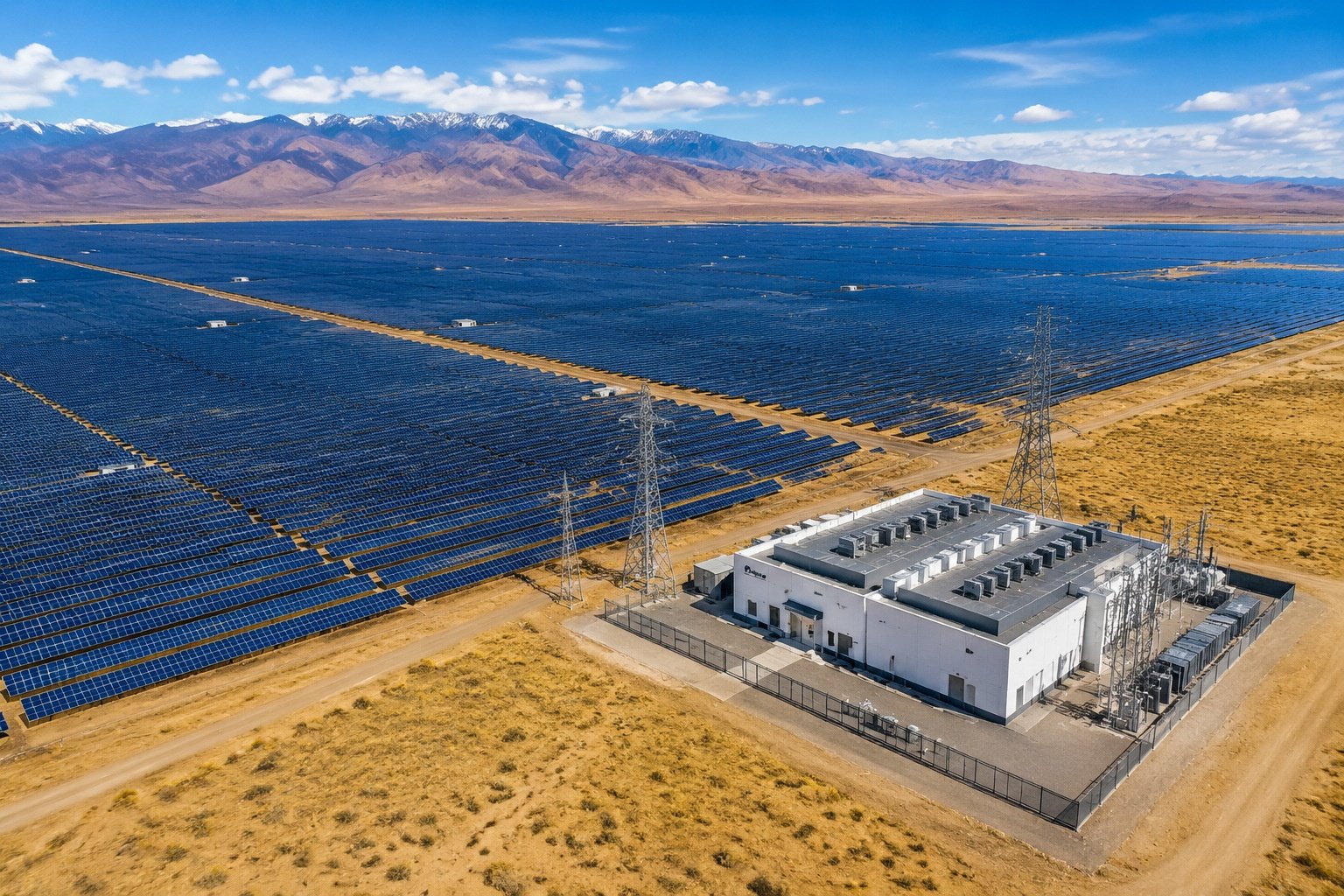 Aerial view of a solar power station next to a data center in Qinghai's Qaidam Basin, showing renewable energy supply for computing infrastructure