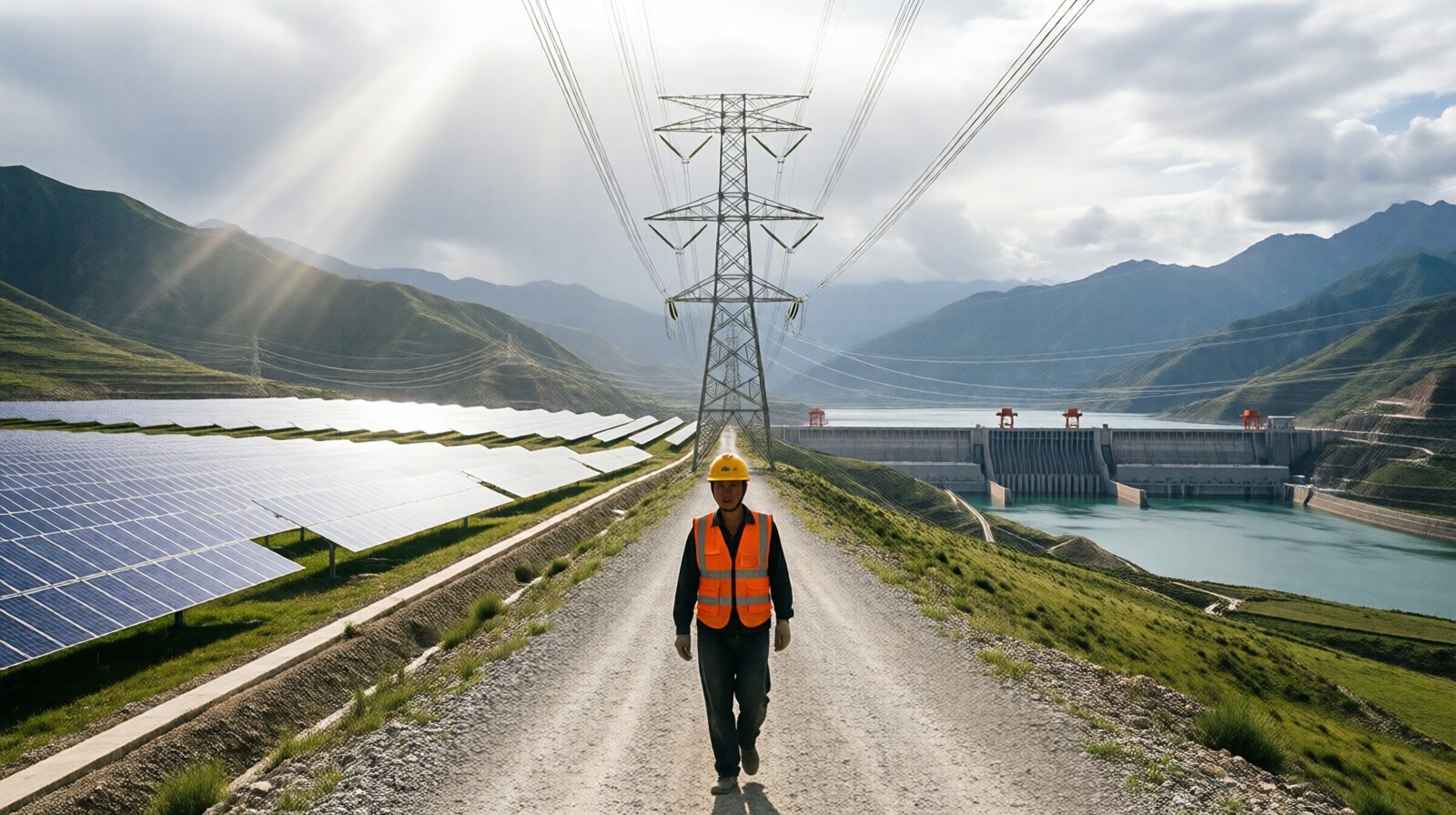 Transmission line connecting Longyangxia solar farm and hydropower station across the Qinghai plateau