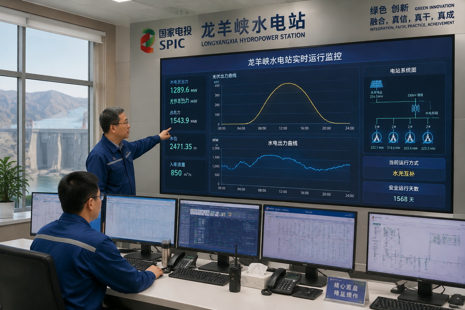 Engineers monitoring the water-solar hybrid output at Longyangxia control room
