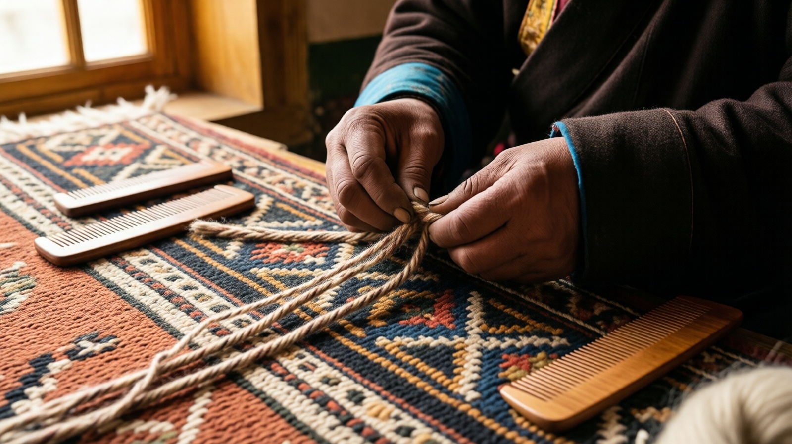 A Tibetan weaver's hands tying a knot on a handwoven rug in Qinghai, showing the traditional Senne knot technique with natural dyed wool threads.