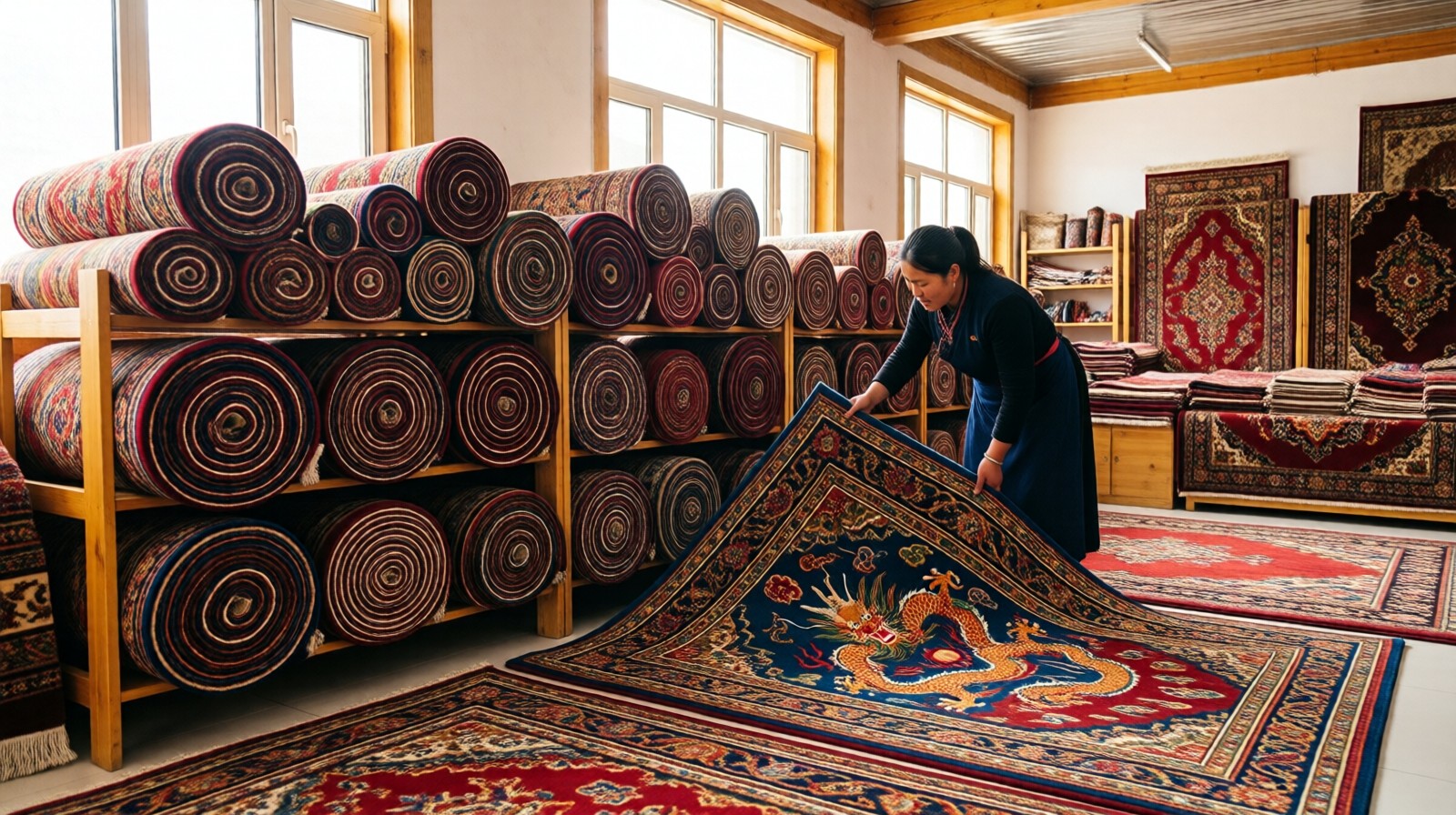 Showroom of a Tibetan carpet cooperative in Qinghai displaying handwoven rugs with traditional geometric and dragon motifs, with an apprentice arranging one rug.