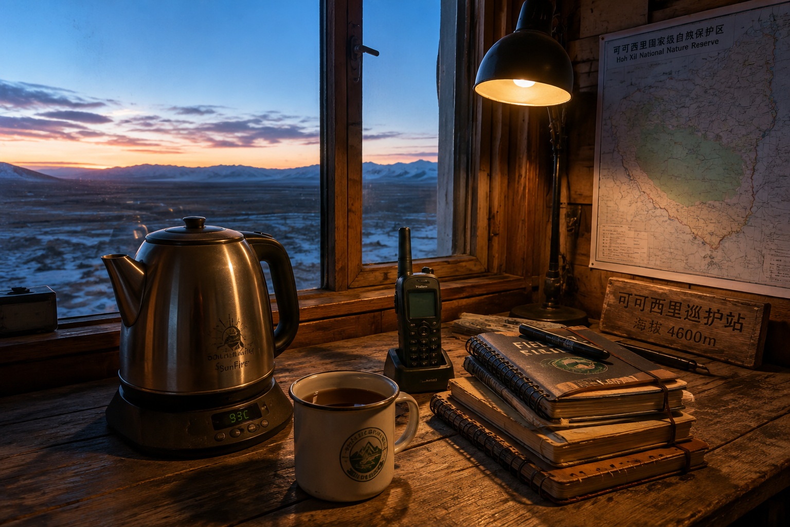 A ranger's tea and field equipment inside a Hoh Xil patrol station at dawn