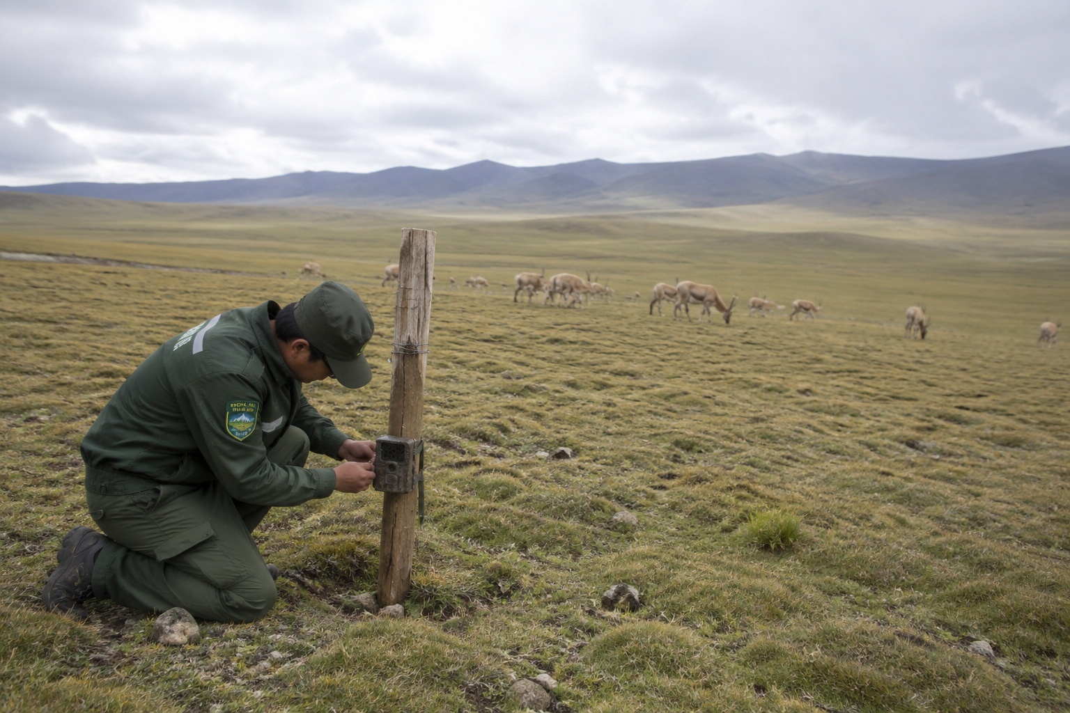 Hoh Xil ranger setting up a wildlife camera trap on the Tibetan Plateau grassland