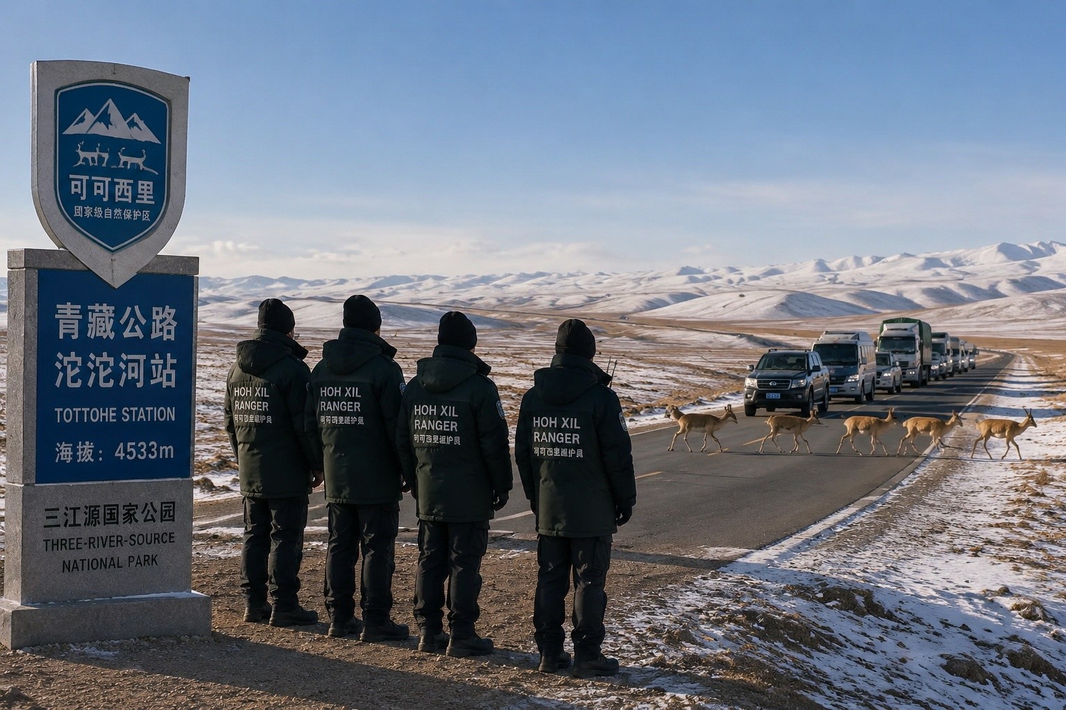 Rangers watching Tibetan antelope cross near the Qinghai-Tibet Highway in Hoh Xil