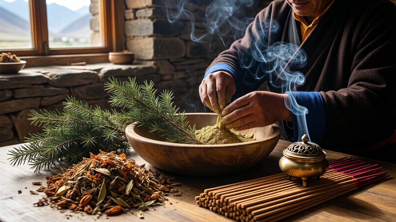 Tibetan incense maker mixing natural herbs and spices in a wooden bowl, with finished incense sticks and a burner in the background.