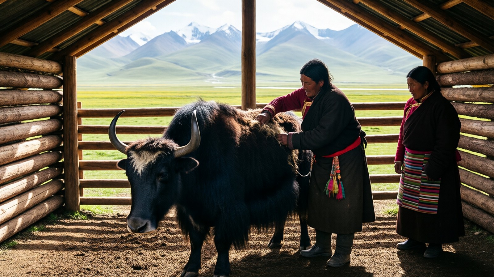 Tibetan herder combing a yak on the Qinghai-Tibet Plateau during the spring molting season, with snow-capped mountains in the background.