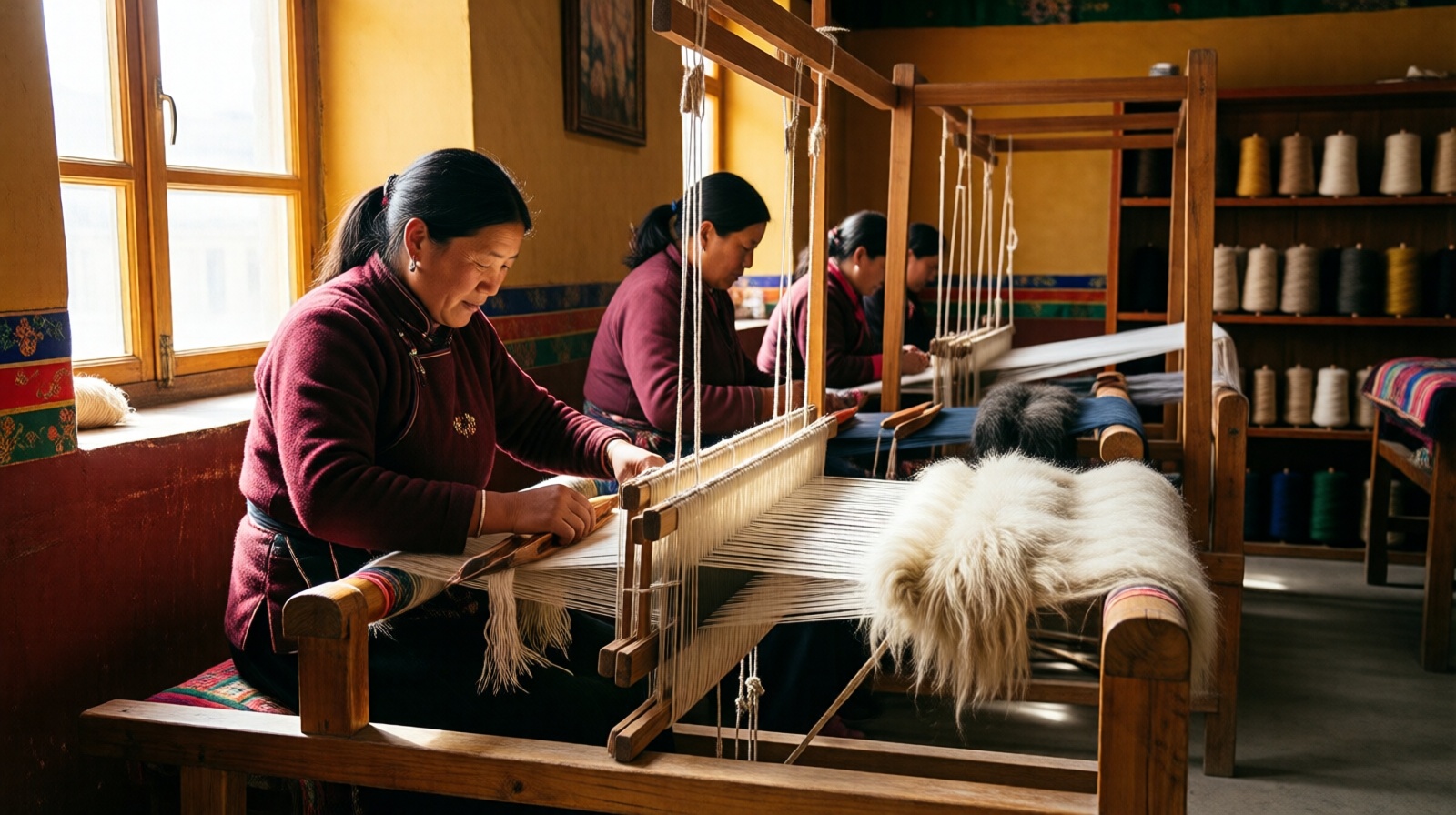 Female Tibetan artisans weaving yak wool scarves on handlooms at a workshop in Gannan, China.