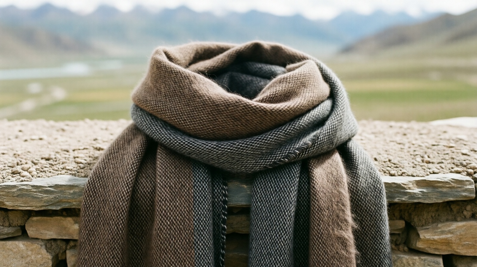 Close-up of a handwoven yak wool scarf in natural brown and gray tones, resting on stone against a blurred plateau landscape.