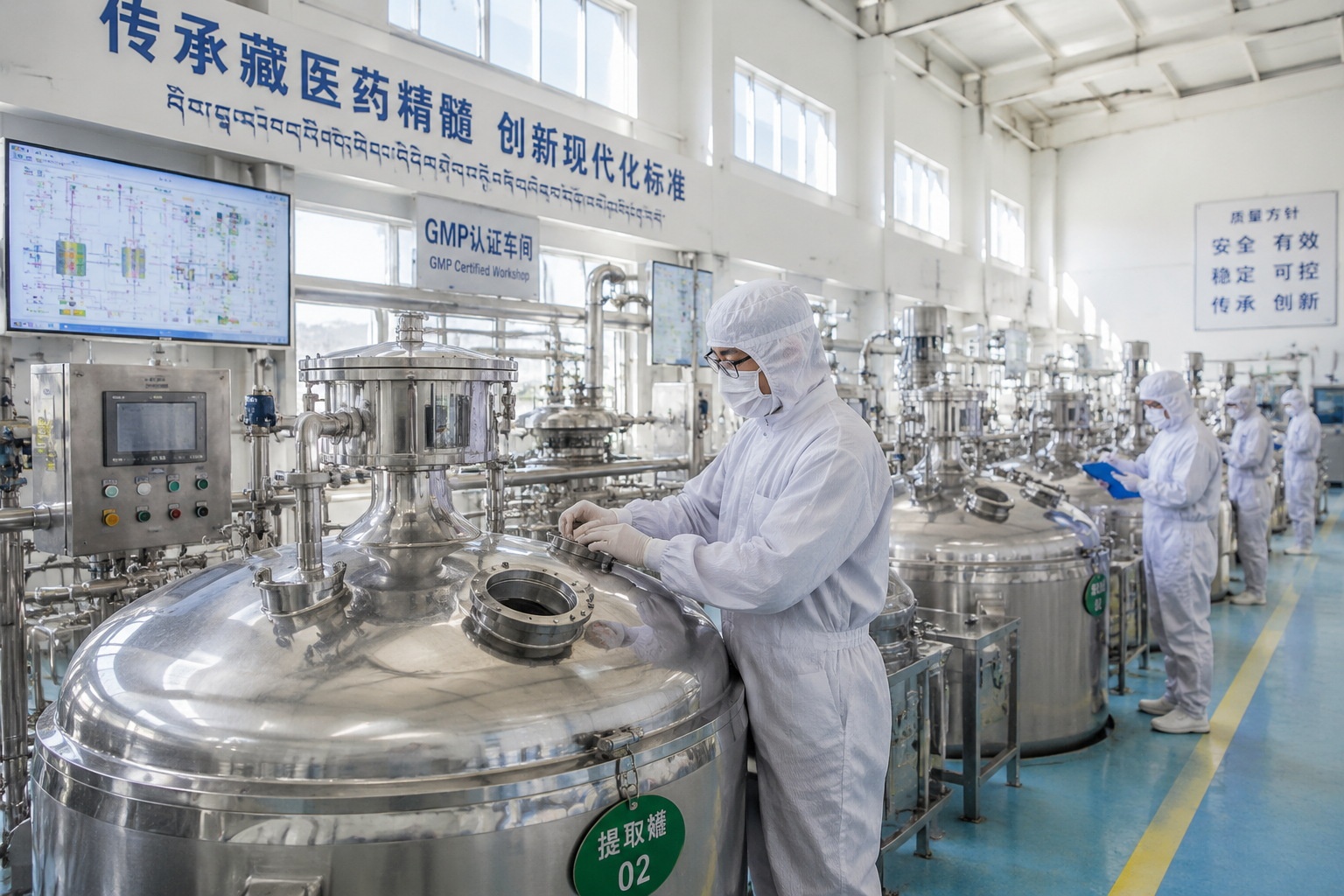 Workers monitor stainless steel extraction tanks in a GMP-certified Tibetan medicine factory in Qinghai