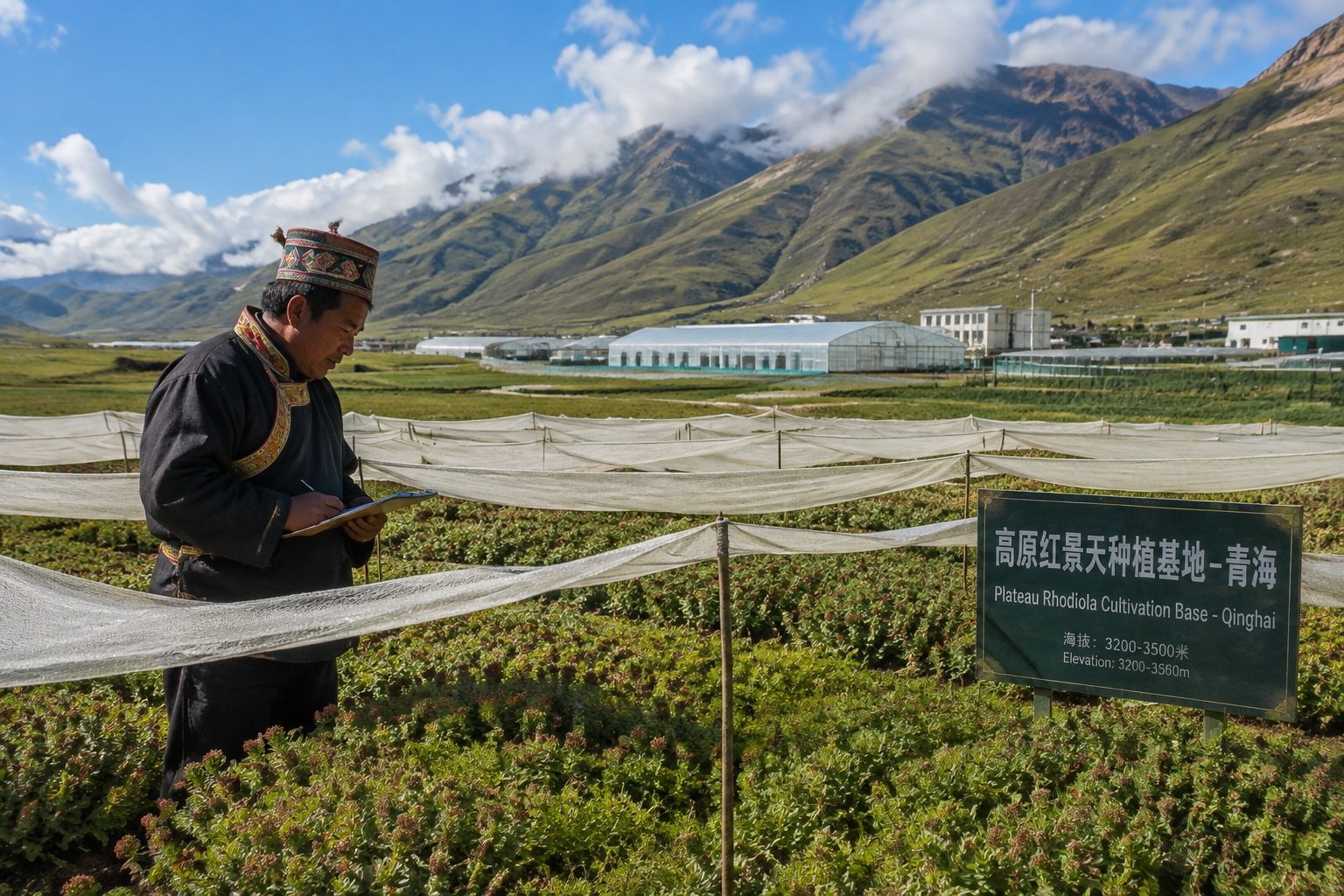 Farmers inspect Rhodiola plants at a Tibetan medicine herb cultivation base in Qinghai