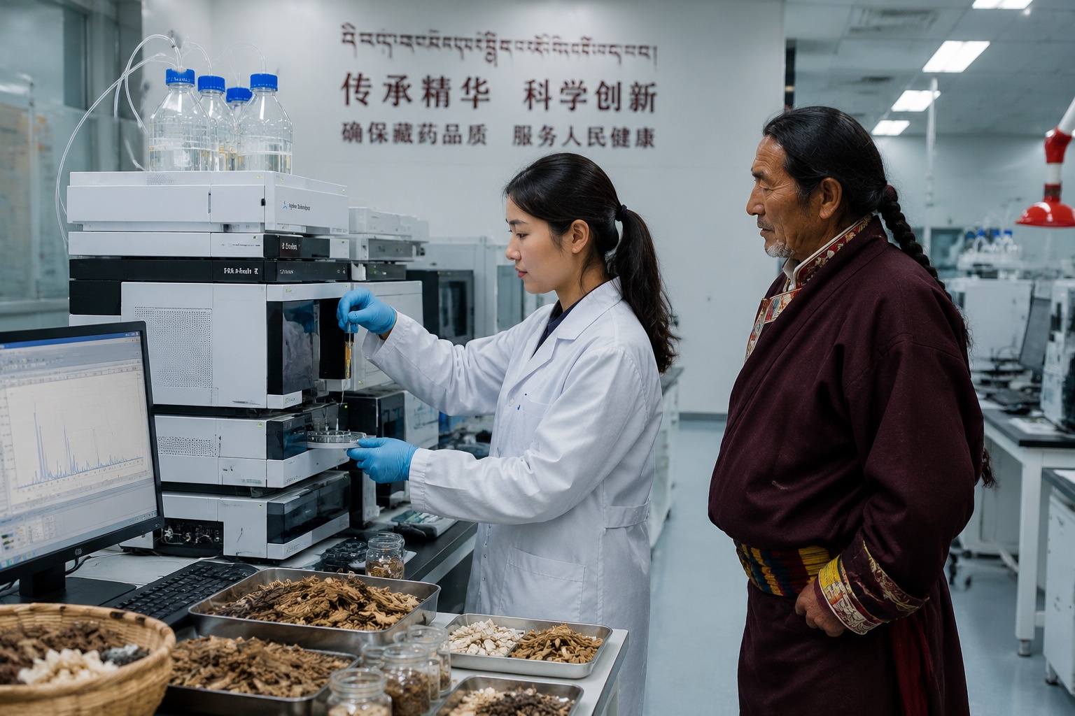 A Tibetan doctor and a chemist use high-performance liquid chromatography to test herbal extracts in a modern lab