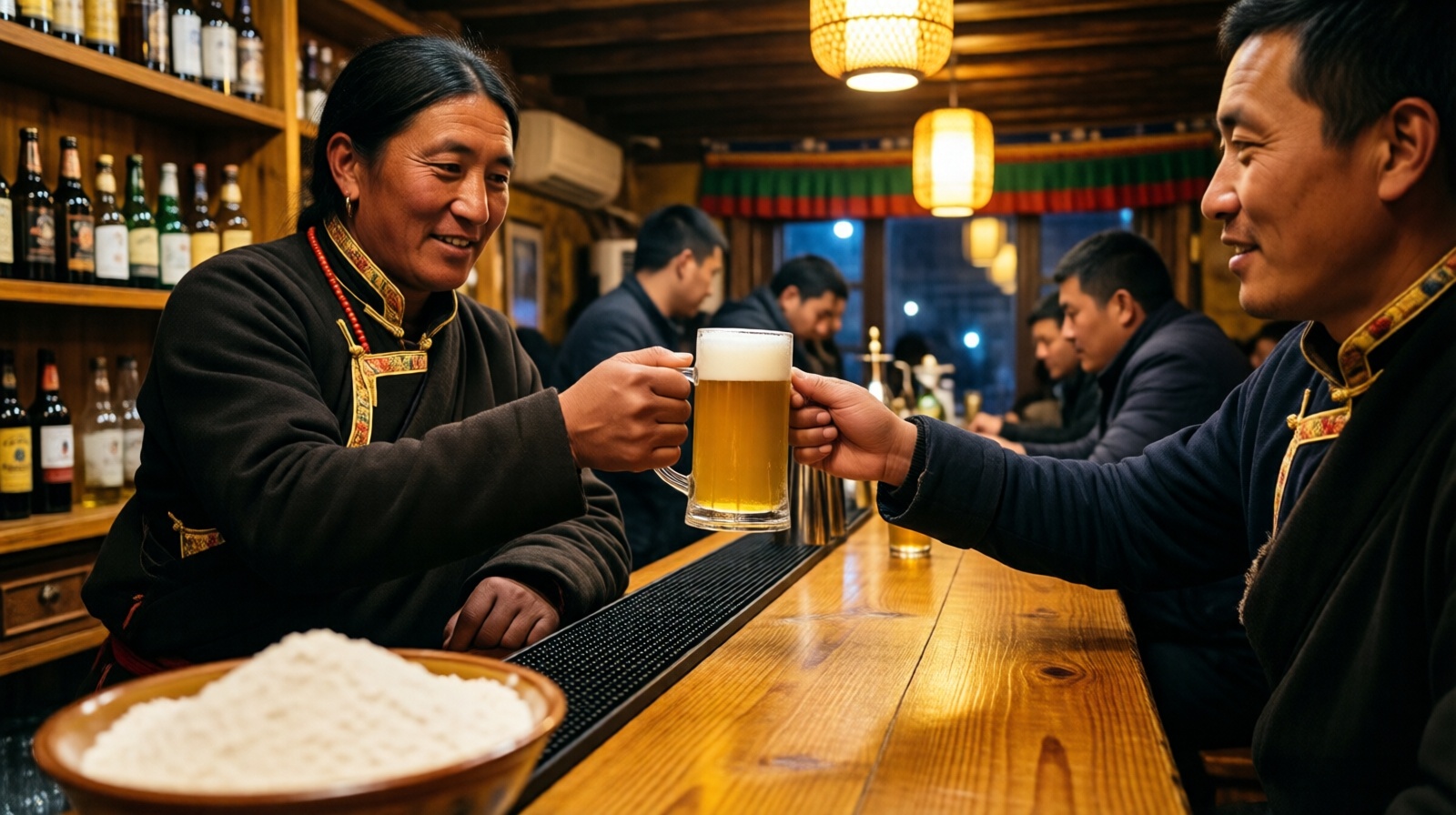 Highland barley beer served in a Lhasa craft beer pub with tsampa bowl in the foreground