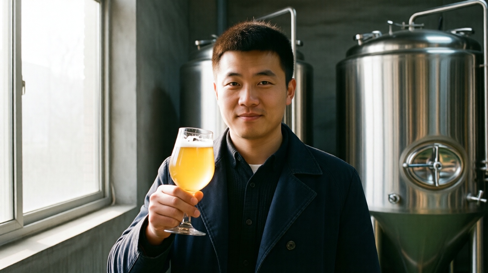 Brewer sampling highland barley craft beer at a microbrewery in China