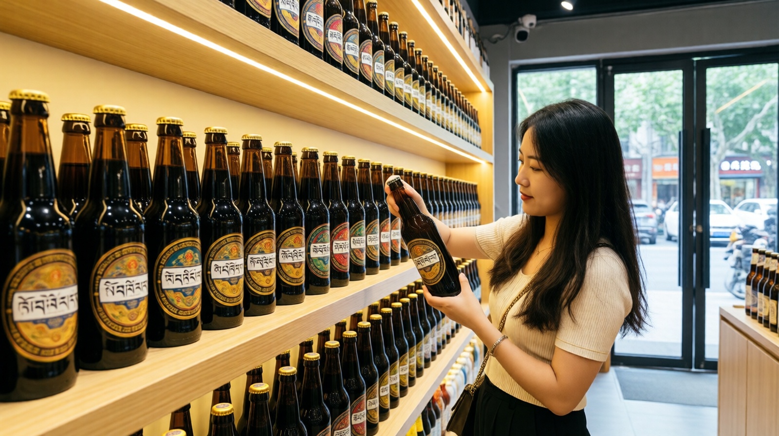 Highland barley beer bottles on a shelf in a Shanghai craft beer shop
