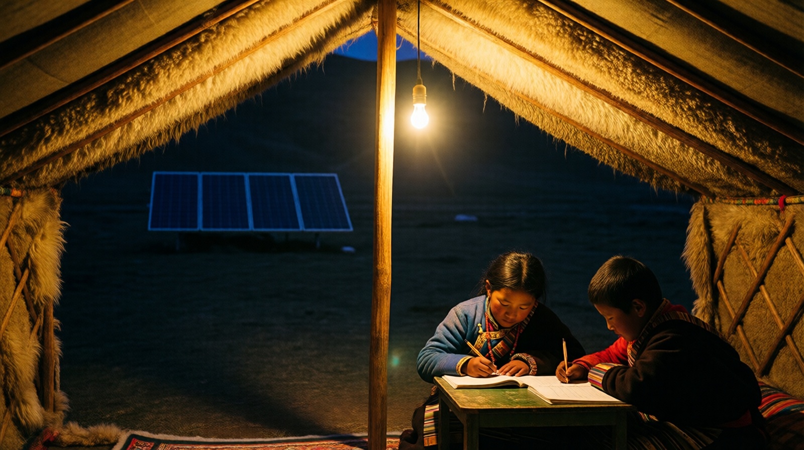 Tibetan children doing homework by LED light from solar power inside a herding tent