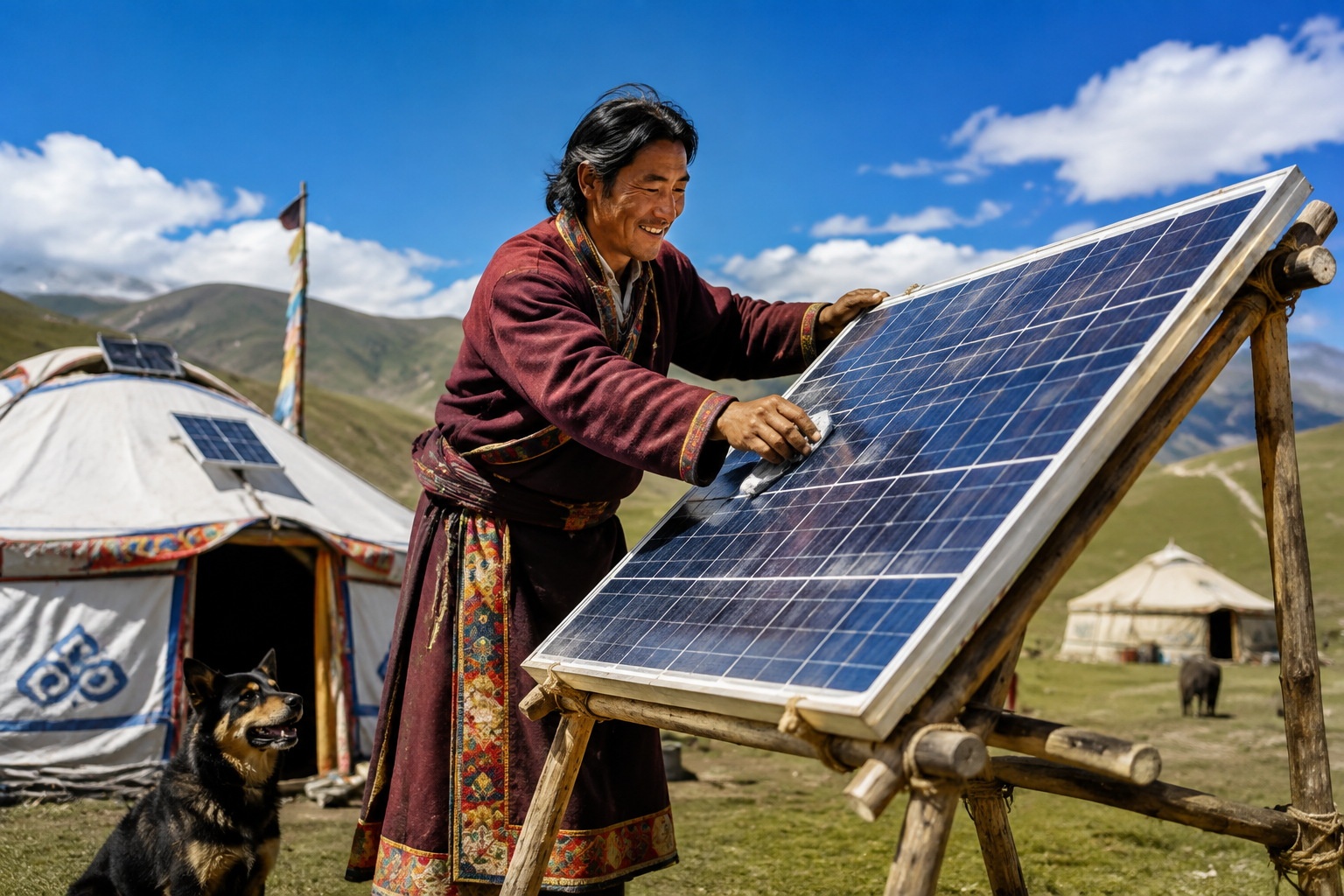 Tibetan herder tending to a solar panel near his tent on the grassland