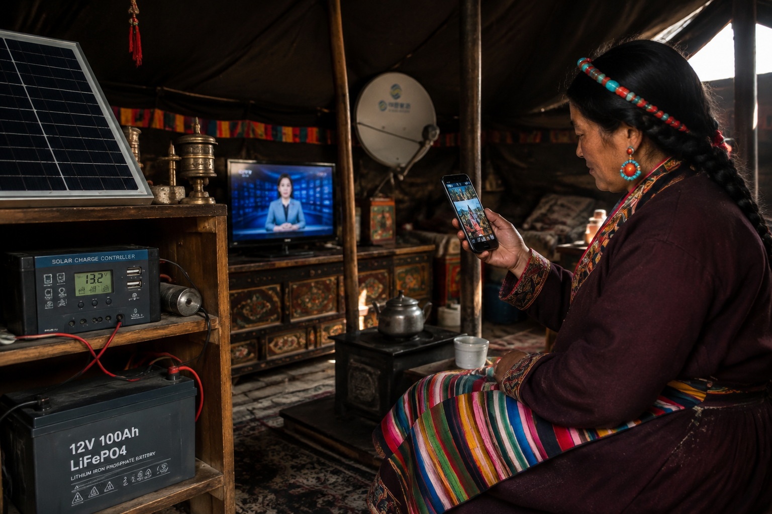 Tibetan herder using a smartphone powered by solar energy inside her tent