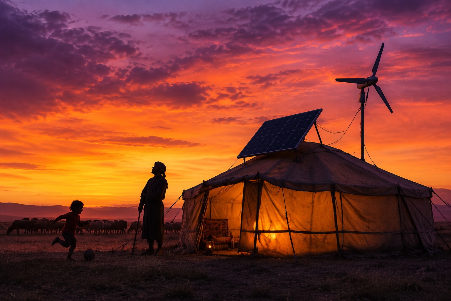 Herding tent powered by solar panel and wind turbine at dusk on the Tibetan Plateau