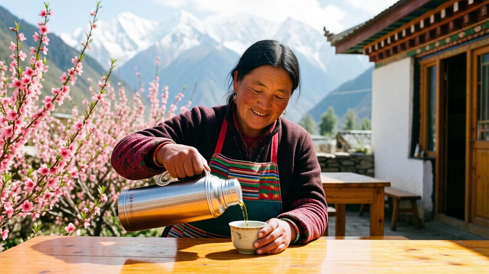 Tibetan woman serving tea to guests in front of her family guesthouse surrounded by peach blossoms in Dowa Village, Nyingchi, Tibet.