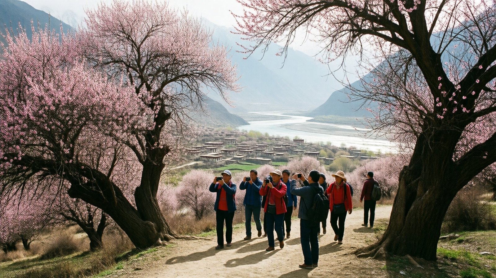 Tourists walking through a blooming wild peach forest near Tagong Village, Nyingchi, Tibet, with the Yarlung Tsangpo River and mountain ridges in the background.