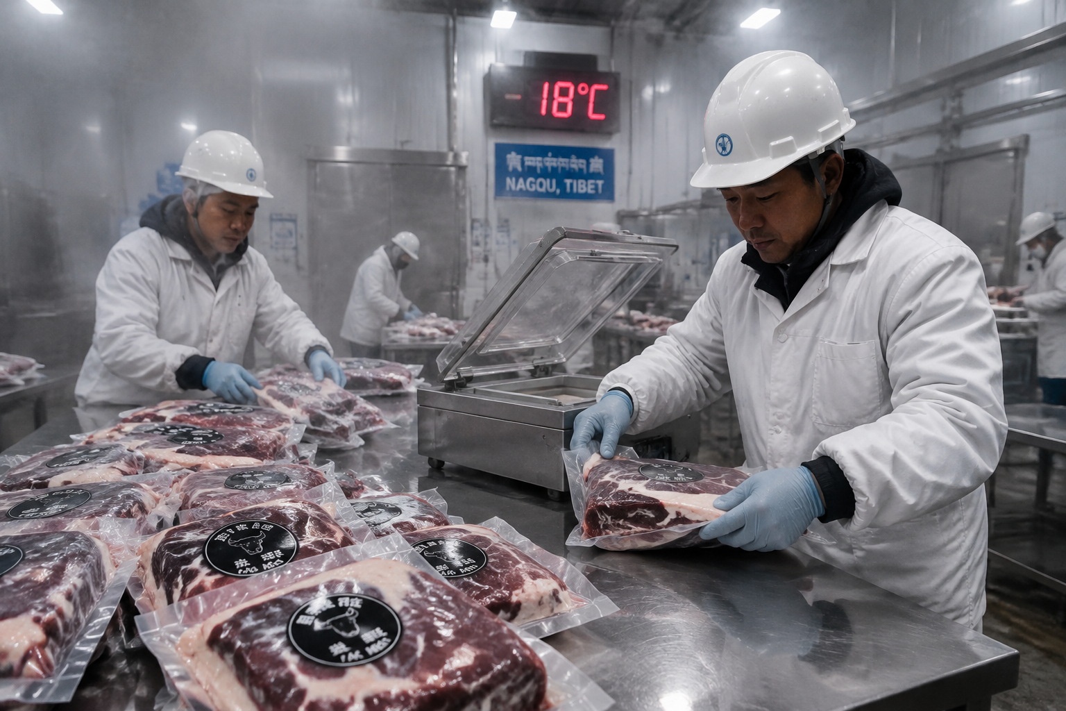 Workers vacuum-packing fresh yak meat in a Tibetan slaughterhouse in Nagqu
