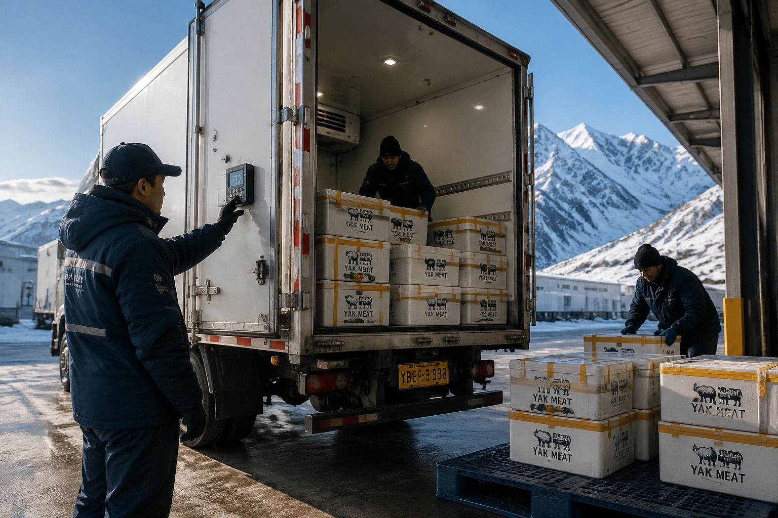 Driver checking temperature monitoring device on a refrigerated truck loaded with yak meat