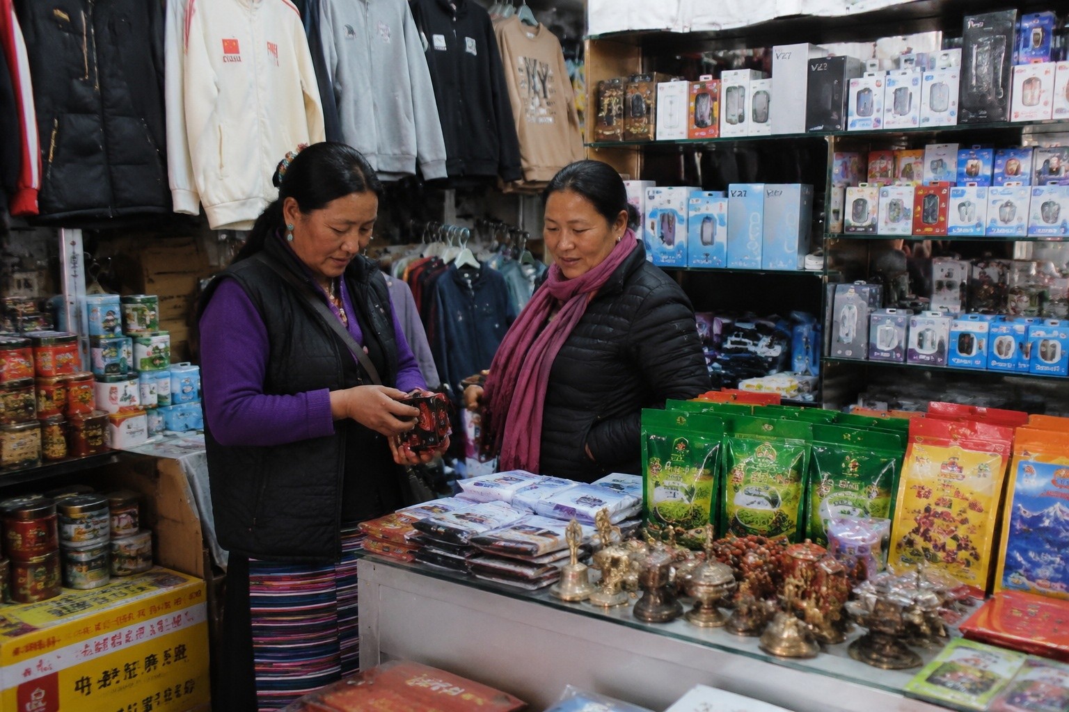 A mixed selection of Chinese products and Nepali handicrafts in a shop in Gyirong Port area